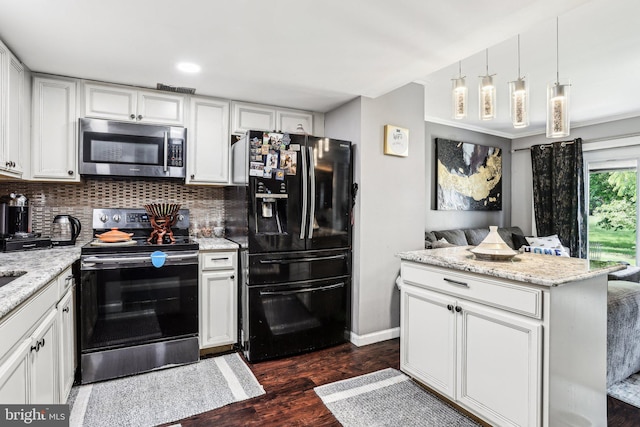 116 Lake Arrowhead Cir, Bear, DE 19701 - kitchen with stainless steel appliances, dark wood-type flooring, backsplash, white cabinets, and light stone countertops