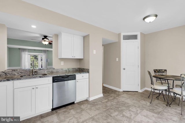 8916 Rosewood Way, Jessup, MD 20794 - kitchen with dishwasher, stone counters, a ceiling fan, and white cabinets
