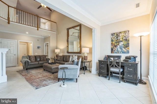 1 Springfield Ave, Berlin, NJ 08009 - living room with an office area, a towering ceiling, crown molding, ceiling fan, and tile patterned flooring