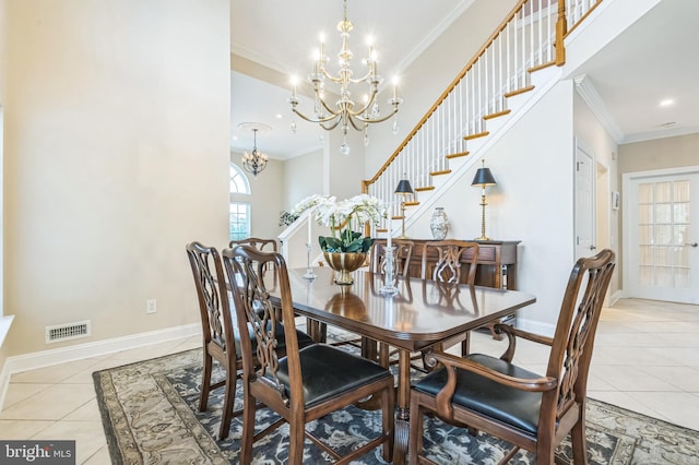 1 Springfield Ave, Berlin, NJ 08009 - dining room with a chandelier, crown molding, tile patterned floors, recessed lighting, and stairway