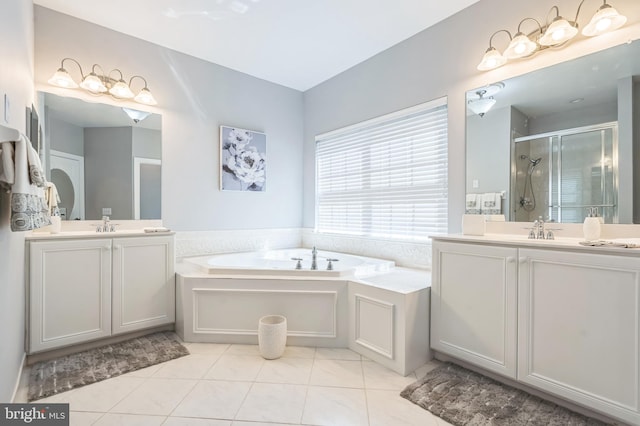 1 Springfield Ave, Berlin, NJ 08009 - full bath featuring a stall shower, a garden tub, two vanities, and tile patterned floors