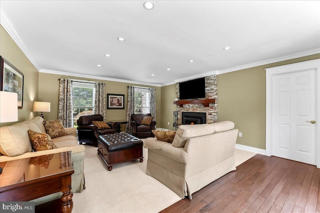 11 Georges Way, Glen Mills, PA 19342 - living room with a stone fireplace, recessed lighting, wood finished floors, and ornamental molding