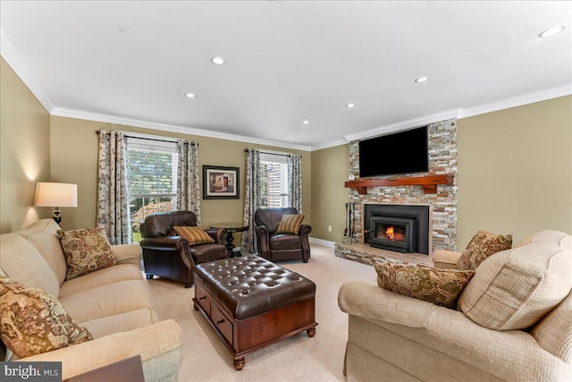 11 Georges Way, Glen Mills, PA 19342 - living area with a fireplace, light colored carpet, crown molding, and recessed lighting