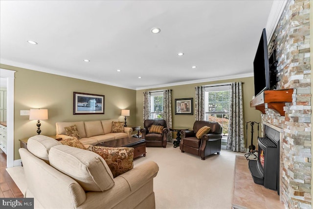 11 Georges Way, Glen Mills, PA 19342 - living area featuring crown molding, a large fireplace, and recessed lighting
