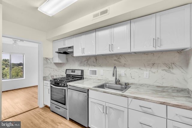 3100 S Manchester St Unit 827, Falls Church, VA 22044 - kitchen with stainless steel appliances, under cabinet range hood, white cabinets, and backsplash