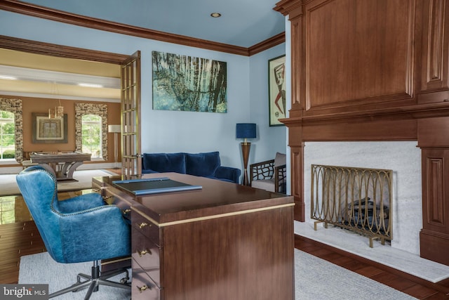 1315 Canal Rd, Princeton, NJ 08540 - office space featuring crown molding, wood finished floors, and a fireplace