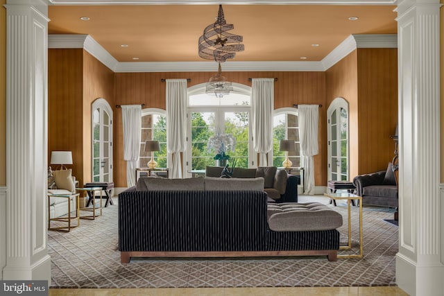 1315 Canal Rd, Princeton, NJ 08540 - living room featuring ornamental molding, ornate columns, carpet flooring, and recessed lighting