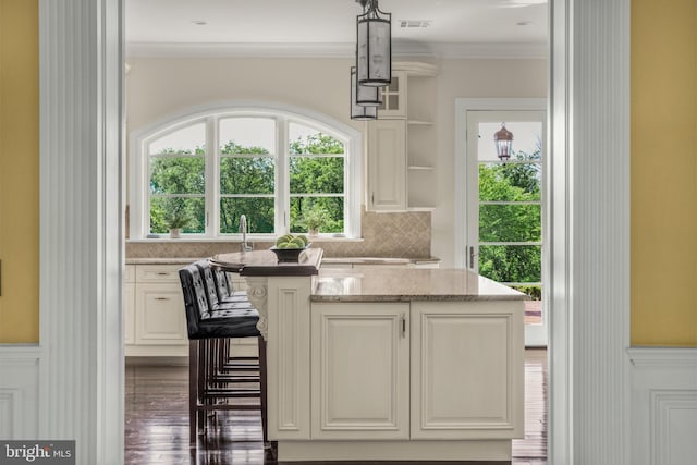 1315 Canal Rd, Princeton, NJ 08540 - kitchen featuring crown molding, light stone countertops, tasteful backsplash, wood finished floors, and white cabinetry
