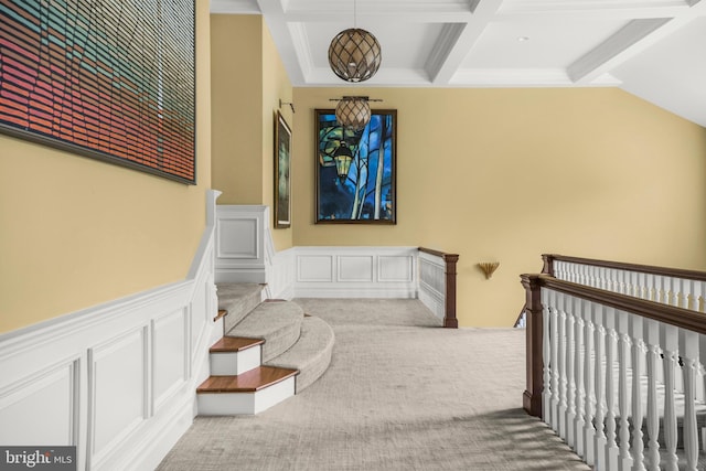 1315 Canal Rd, Princeton, NJ 08540 - hallway with beamed ceiling, coffered ceiling, carpet, a decorative wall, and a wainscoted wall