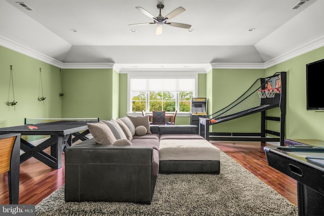 1315 Canal Rd, Princeton, NJ 08540 - living room with wood finished floors, a raised ceiling, ornamental molding, a ceiling fan, and lofted ceiling