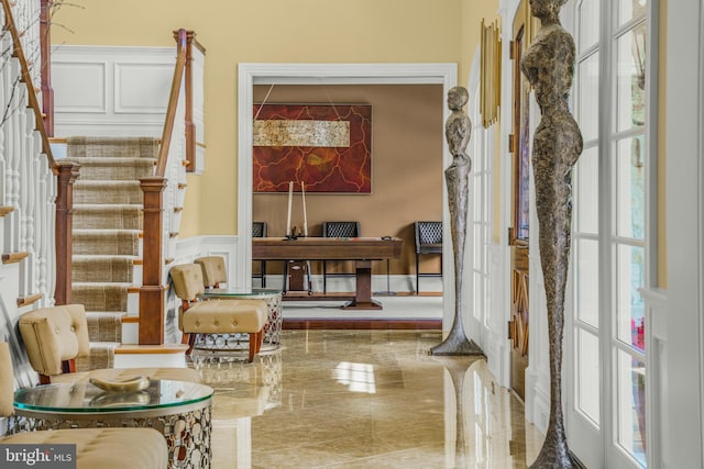 1315 Canal Rd, Princeton, NJ 08540 - entryway with wainscoting, stairs, healthy amount of natural light, and a decorative wall
