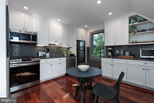 46 Park Pl Unit 3, Princeton, NJ 08542 - kitchen with appliances with stainless steel finishes, white cabinets, open shelves, dark wood-type flooring, and recessed lighting