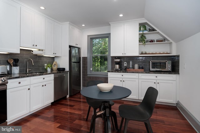 46 Park Pl Unit 3, Princeton, NJ 08542 - kitchen featuring stainless steel appliances, dark wood-type flooring, decorative backsplash, open shelves, and white cabinetry