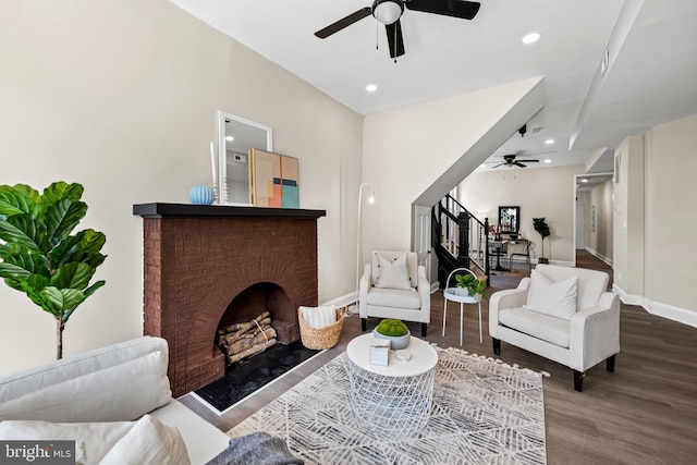 2011 Boone St, Baltimore, MD 21218 - living area featuring ceiling fan, stairway, wood finished floors, a fireplace, and recessed lighting