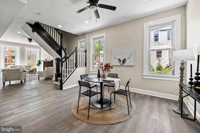 2011 Boone St, Baltimore, MD 21218 - dining area with ceiling fan, stairs, wood finished floors, and recessed lighting