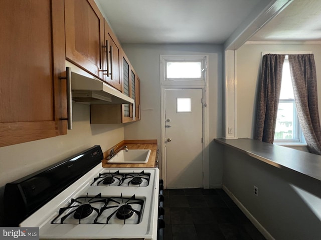 453 Belgrade St, Philadelphia, PA 19125 - kitchen with white range with gas cooktop, under cabinet range hood, dark tile patterned flooring, and brown cabinets