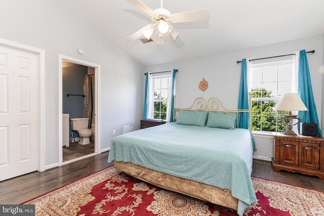 8226 Bates Rd, Lorton, VA 22079 - bedroom with wood finished floors, vaulted ceiling, ensuite bath, and a ceiling fan