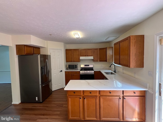 4407 Stanford Ct, Owings Mills, MD 21117 - kitchen with appliances with stainless steel finishes, under cabinet range hood, a peninsula, dark wood finished floors, and brown cabinets