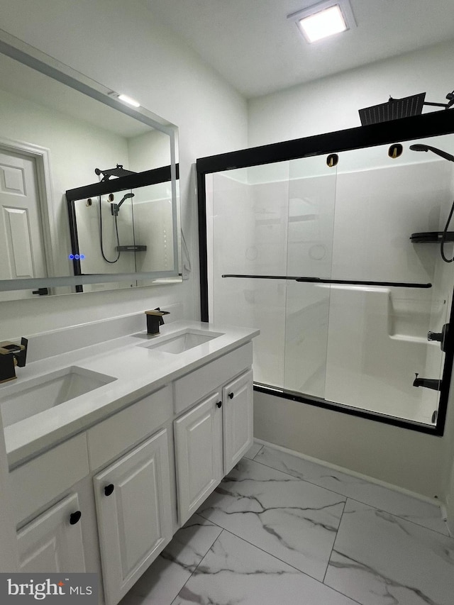 4407 Stanford Ct, Owings Mills, MD 21117 - bathroom with shower / bath combination with glass door, double vanity, and marble look tile flooring