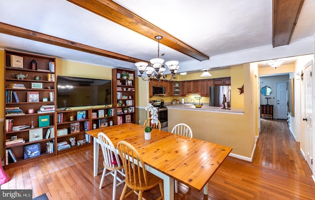 118 Roboda Blvd, Royersford, PA 19468 - dining area with light wood finished floors, beam ceiling, and a chandelier