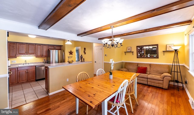 118 Roboda Blvd, Royersford, PA 19468 - dining room featuring light wood-type flooring, a chandelier, and beam ceiling