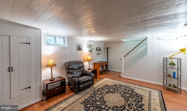 118 Roboda Blvd, Royersford, PA 19468 - sitting room with wood finished floors, stairway, wooden walls, and wooden ceiling