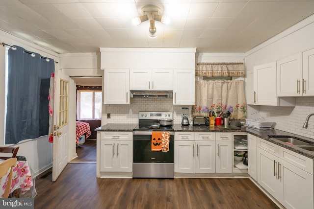 231 N Penn St, West Chester, PA 19380 - kitchen featuring stainless steel electric stove, backsplash, white cabinetry, dark wood-style floors, and crown molding