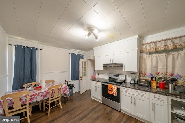 231 N Penn St, West Chester, PA 19380 - kitchen with electric stove, white cabinetry, tasteful backsplash, and under cabinet range hood