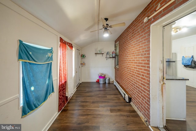 231 N Penn St, West Chester, PA 19380 - hall with brick wall, baseboard heating, wood finished floors, and lofted ceiling