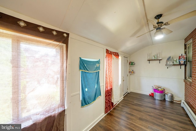 231 N Penn St, West Chester, PA 19380 - interior space with a baseboard radiator, lofted ceiling, dark wood-type flooring, and a ceiling fan