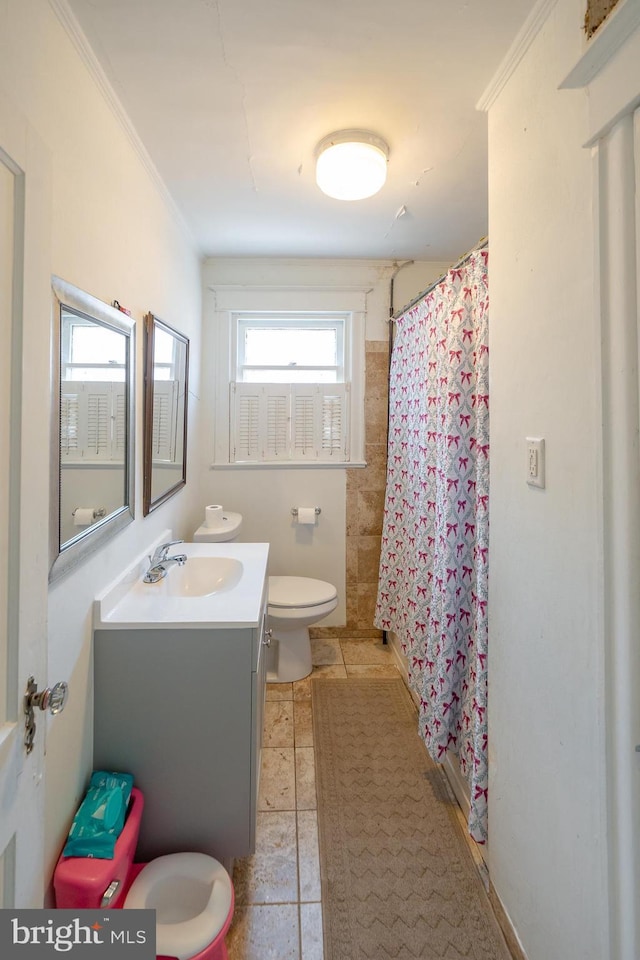 231 N Penn St, West Chester, PA 19380 - full bathroom featuring vanity, a shower with shower curtain, and crown molding