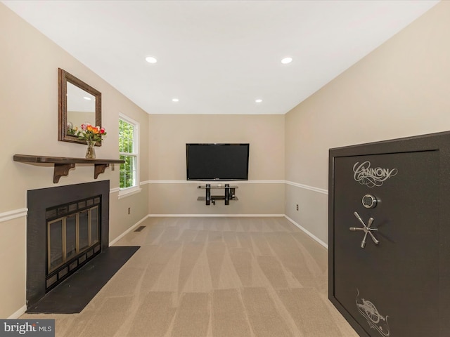 24129 Pecan Grove Ln, Gaithersburg, MD 20882 - living area with light carpet, a fireplace with flush hearth, and recessed lighting