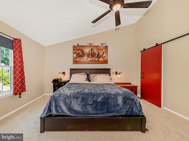 24129 Pecan Grove Ln, Gaithersburg, MD 20882 - carpeted bedroom featuring a barn door, vaulted ceiling, and ceiling fan