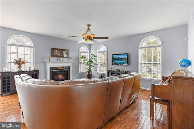 102 Windsor, Swedesboro, NJ 08085 - living room with ceiling fan, healthy amount of natural light, a glass covered fireplace, and hardwood / wood-style floors
