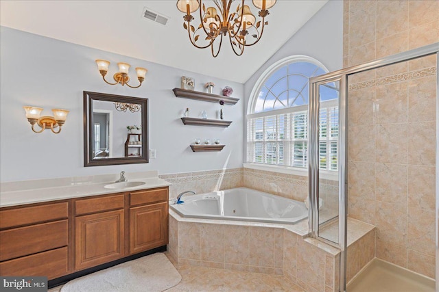 102 Windsor, Swedesboro, NJ 08085 - bathroom featuring vaulted ceiling, a whirlpool tub, a stall shower, vanity, and a chandelier