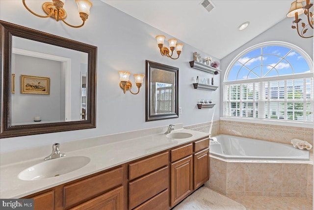 102 Windsor, Swedesboro, NJ 08085 - bathroom with a bath, double vanity, vaulted ceiling, a chandelier, and tile patterned flooring