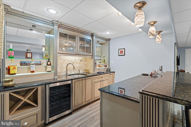 102 Windsor, Swedesboro, NJ 08085 - indoor wet bar with beverage cooler, a paneled ceiling, light wood finished floors, tasteful backsplash, and recessed lighting