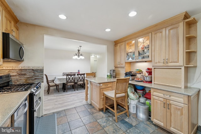 4030 Bensalem Blvd, Bensalem, PA 19020 - kitchen with appliances with stainless steel finishes, light brown cabinetry, backsplash, and recessed lighting