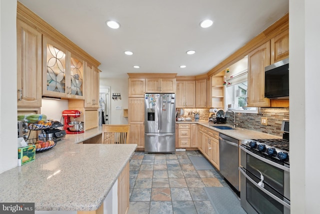 4030 Bensalem Blvd, Bensalem, PA 19020 - kitchen featuring stainless steel appliances, light brown cabinets, tasteful backsplash, stone tile floors, and recessed lighting