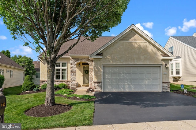 945 Hamilton Way, Warwick, PA 18974 - view of front of house featuring stucco siding, driveway, stone siding, an attached garage, and a front yard
