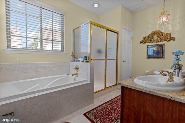 945 Hamilton Way, Warwick, PA 18974 - bathroom with a shower stall, a bath, a chandelier, vanity, and tile patterned flooring