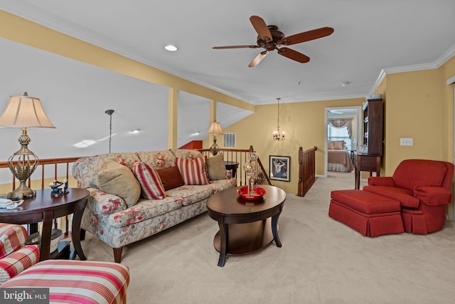 945 Hamilton Way, Warwick, PA 18974 - carpeted living area with crown molding, a ceiling fan, a chandelier, and recessed lighting