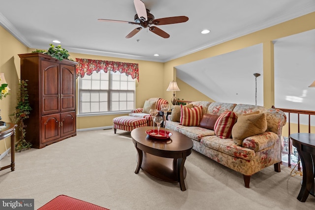 945 Hamilton Way, Warwick, PA 18974 - living room with a ceiling fan, crown molding, light carpet, and recessed lighting