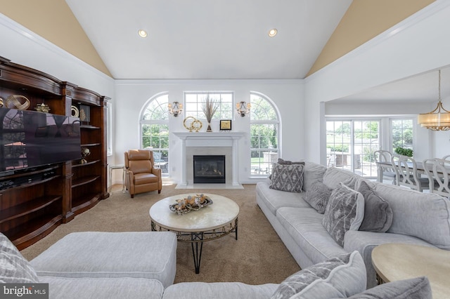 29 Hunters Creek Cir, Mullica Hill, NJ 08062 - living room with high vaulted ceiling, carpet, a chandelier, a fireplace with flush hearth, and recessed lighting