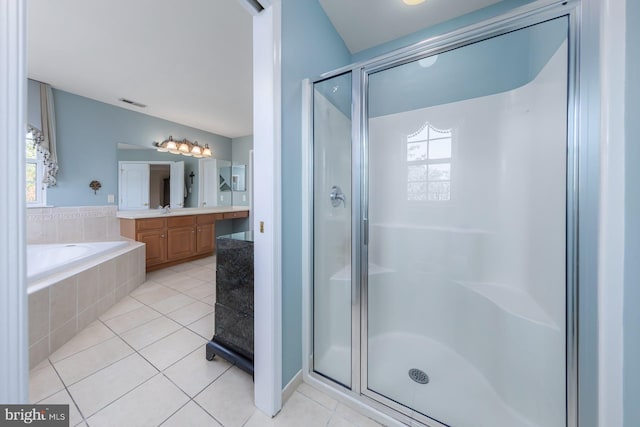 29 Hunters Creek Cir, Mullica Hill, NJ 08062 - full bath with a stall shower, vanity, a garden tub, and tile patterned floors
