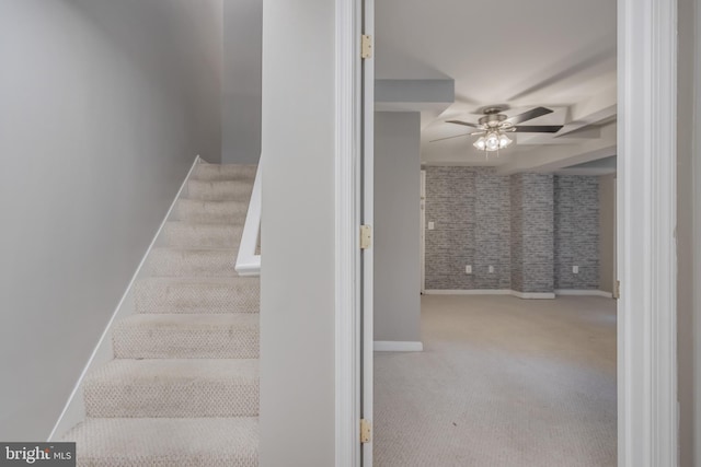 1458 Columbia Rd NW Unit 109, Washington, DC 20009 - staircase featuring ceiling fan, carpet flooring, and brick wall