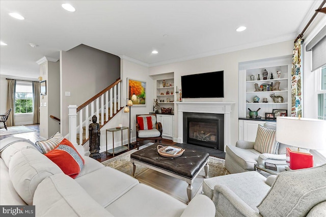 4 Parkview Cir, Wayne, PA 19087 - living room featuring recessed lighting, stairway, ornamental molding, built in features, and a fireplace with flush hearth