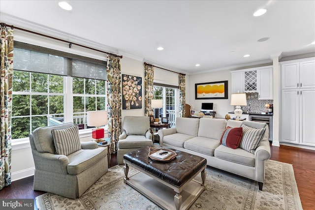4 Parkview Cir, Wayne, PA 19087 - living area with ornamental molding, recessed lighting, and dark wood-type flooring