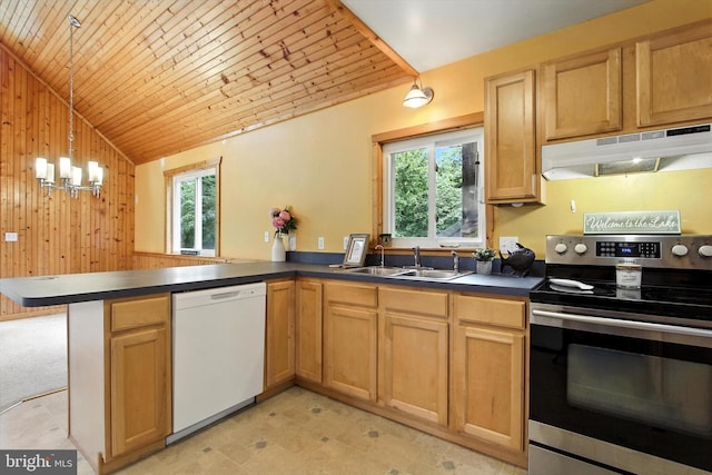 4 Johnson Dr, East Berlin, PA 17316 - kitchen with white dishwasher, stainless steel range with electric cooktop, under cabinet range hood, vaulted ceiling, and a peninsula