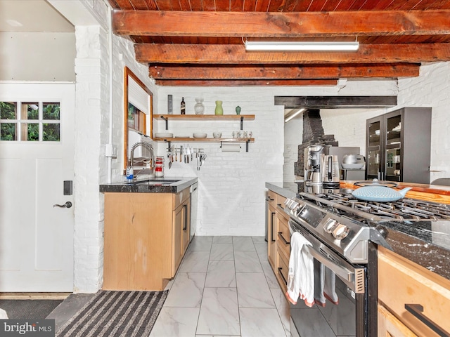 23 W 5th St, Frederick, MD 21701 - kitchen featuring gas stove, a wood ceiling with exposed beams, light marble finish flooring, dark stone countertops, and open shelves